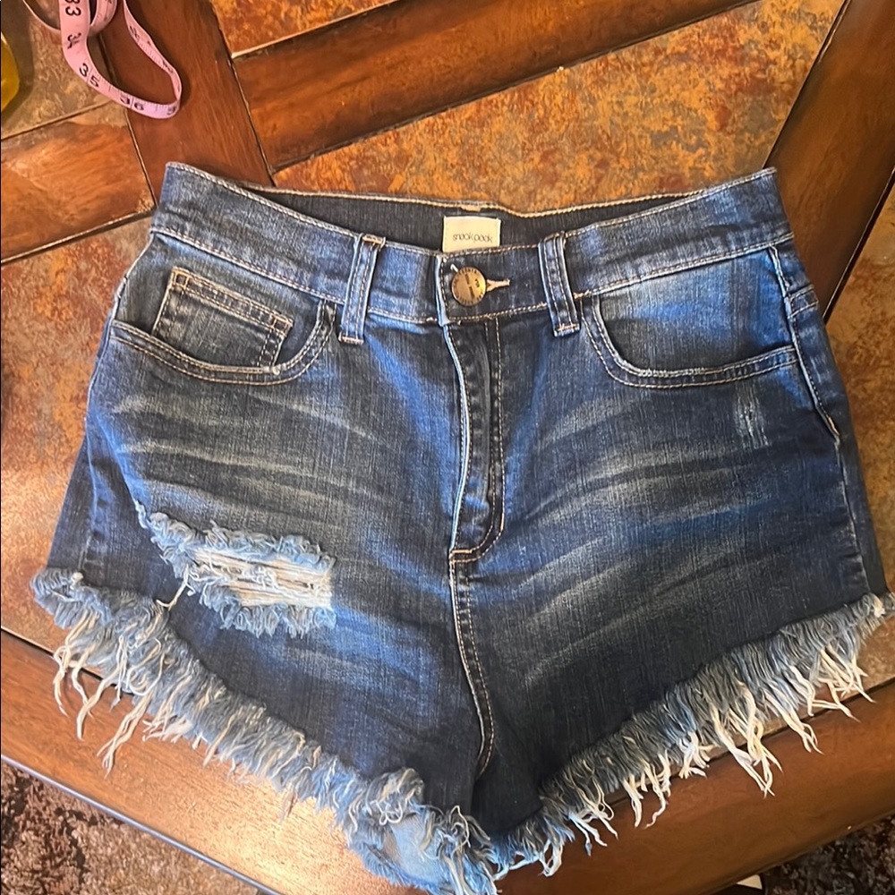 Denim Blue Distressed Women's Shorts by Sneak Peek, small. High rise.